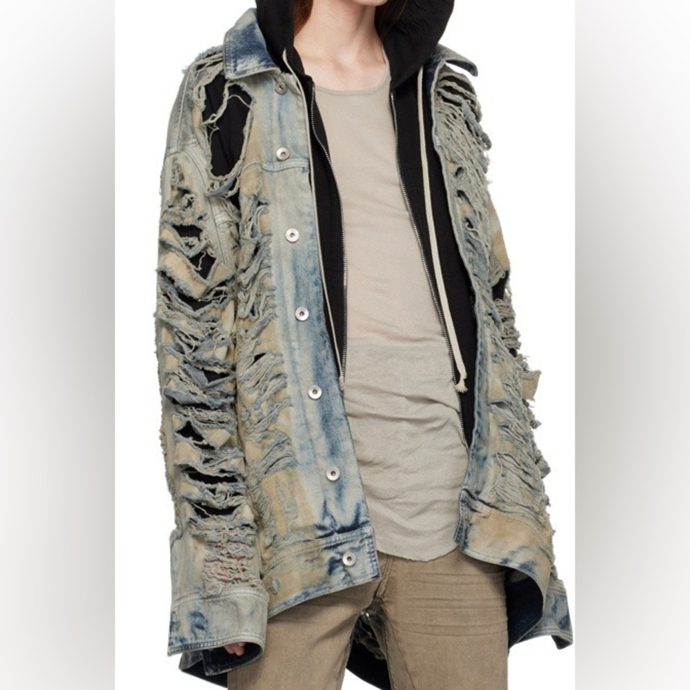 Rick Owens jumbo worker jacket destroyed denim shredded 
Size L NWT